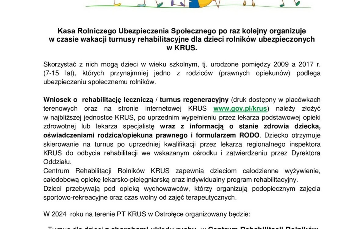 Zdjęcie do TURNUS REHABILITACYJNY DLA DZIECI ROLNIK&Oacute;W  - WAKACJE 2024