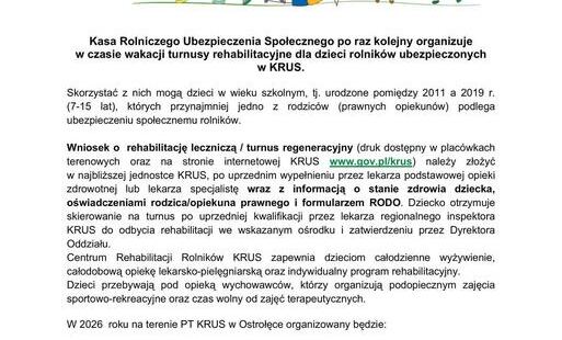 Zdjęcie do Turnusy rehabilitacyjne dla dzieci KRUS - wakacje 2026